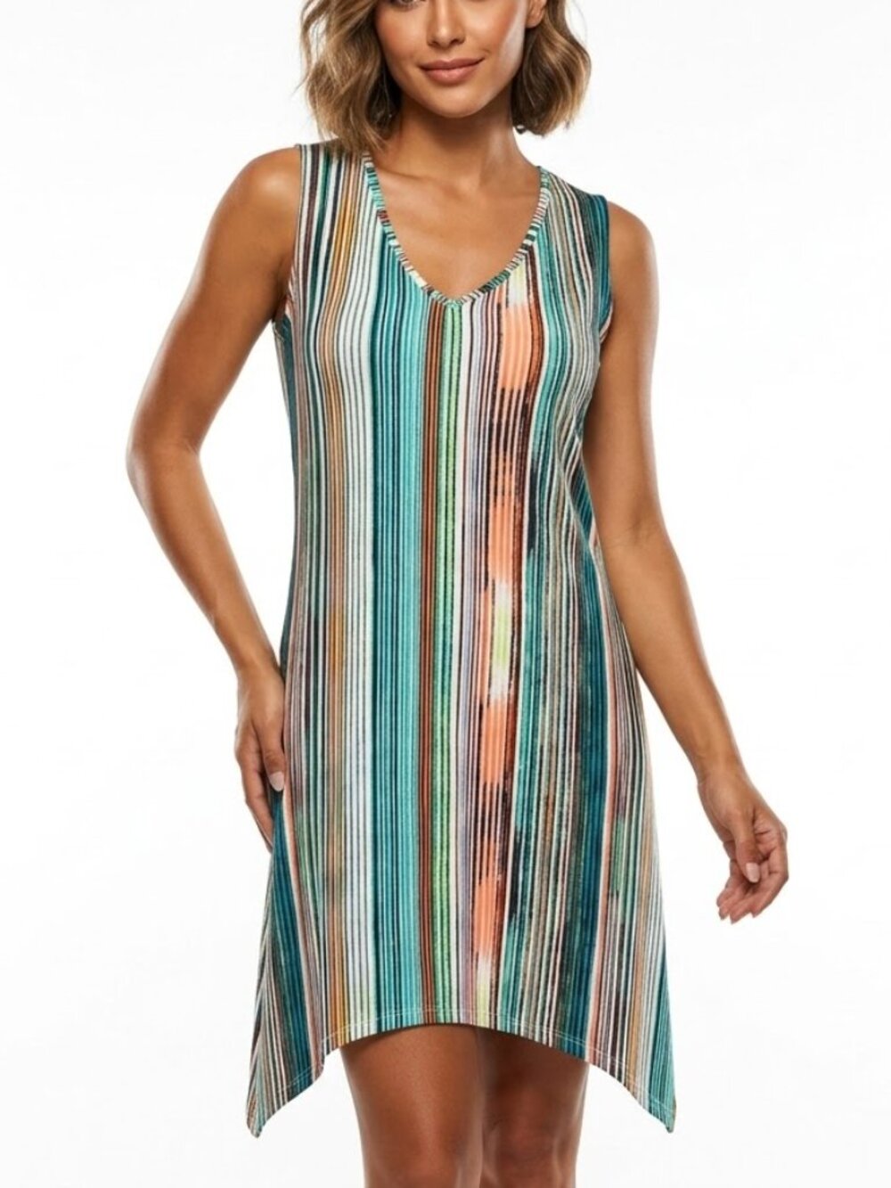 SJS Indie Sleaze Multi Stripe Handkerchief Hem Dress Sleeveless Boho Fairy L